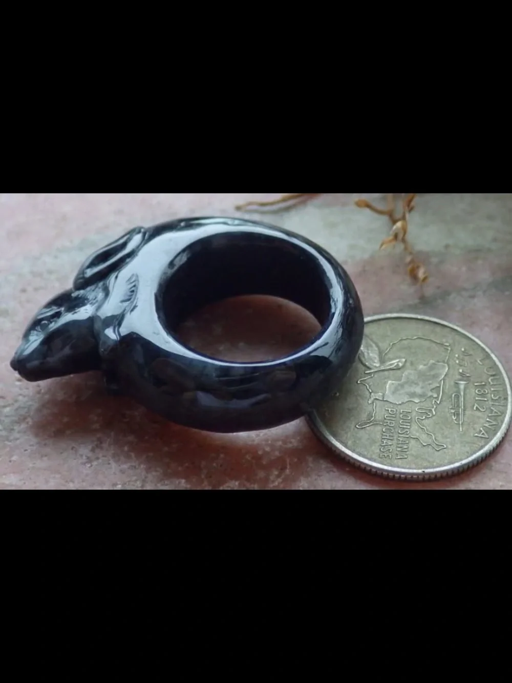 Certificate Jadeite Jade black Carved Pure Rabbit ring size7.75
